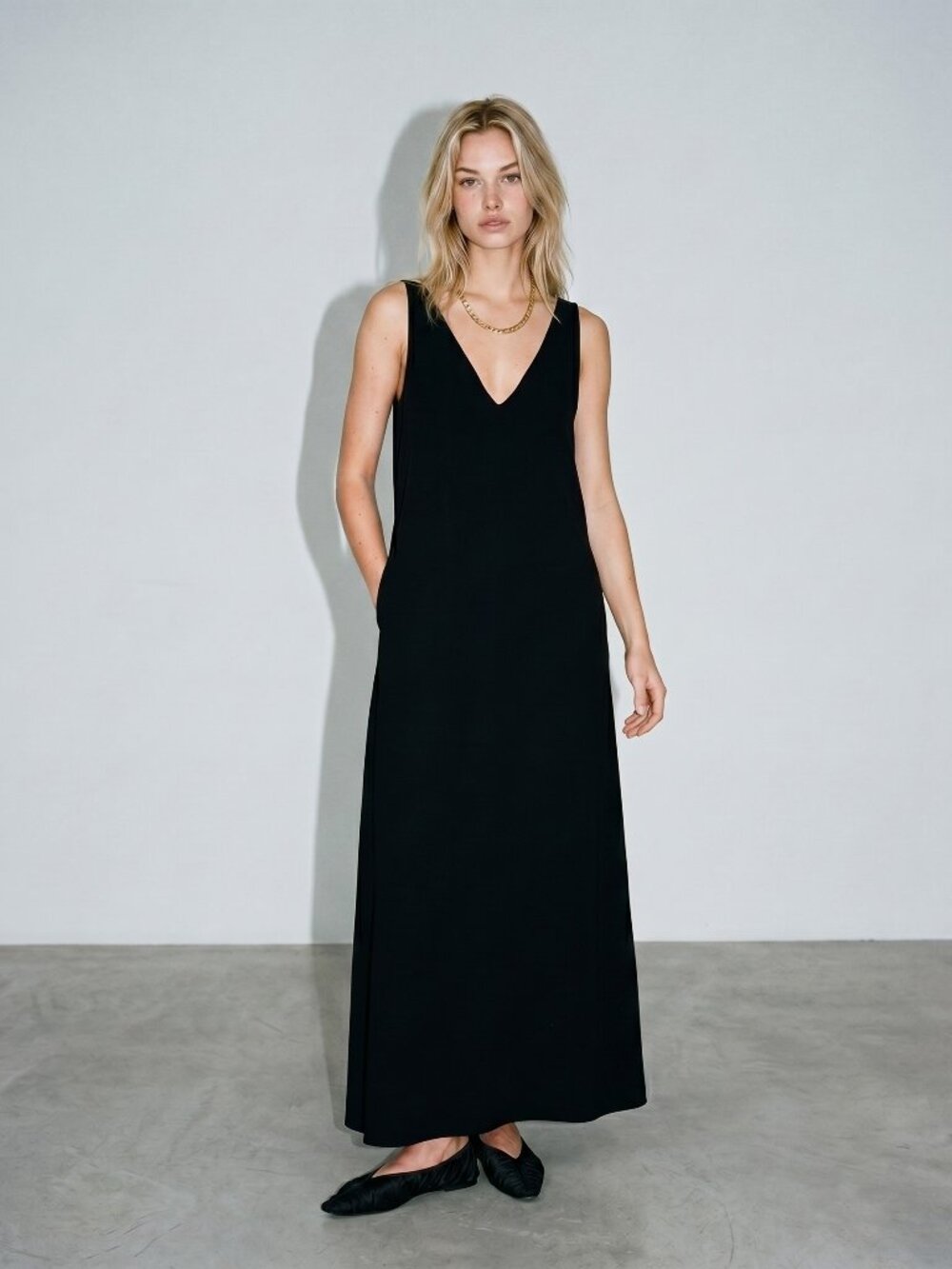 STAUD Zora Black Crepe Jersey Double V Neck Maxi Dress NWT Size S